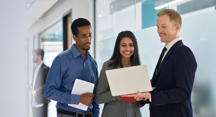 Diverse business professionals discussing strategy