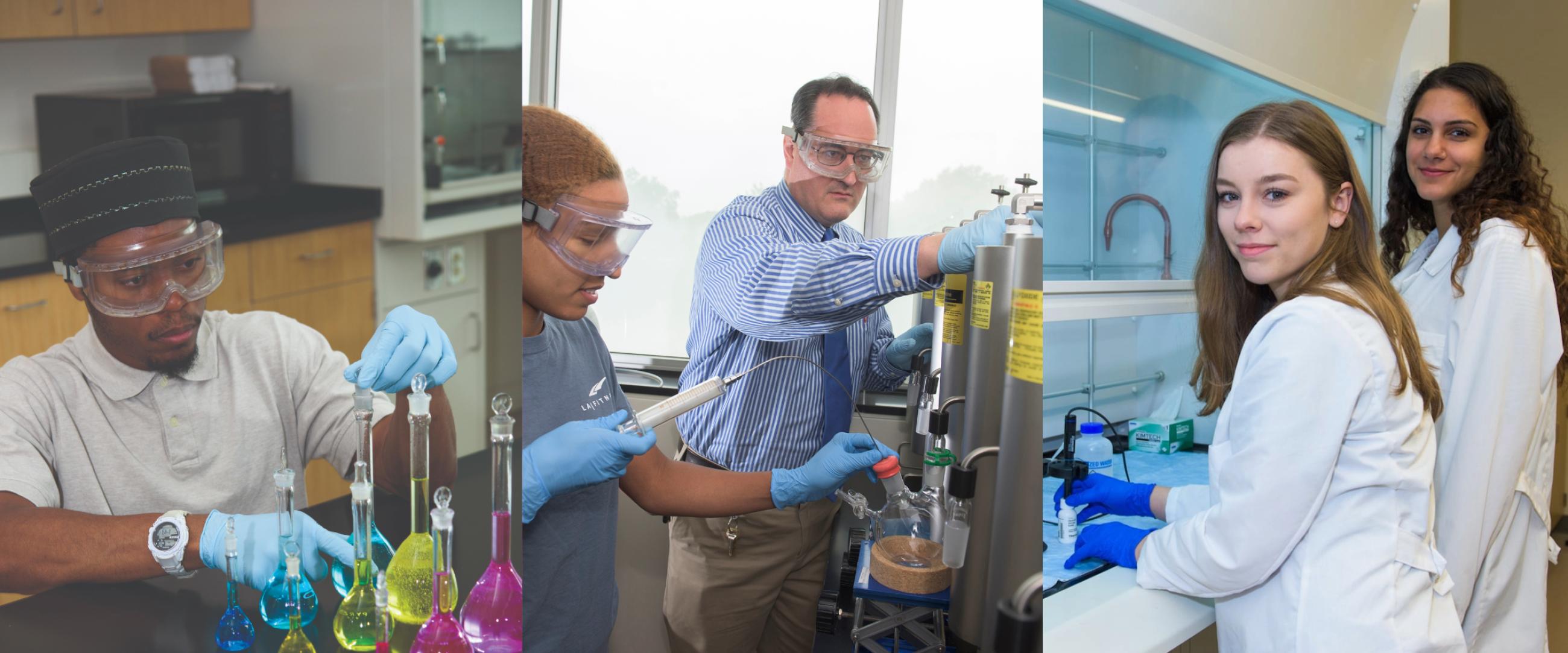 Collage of chemistry students in laboratories