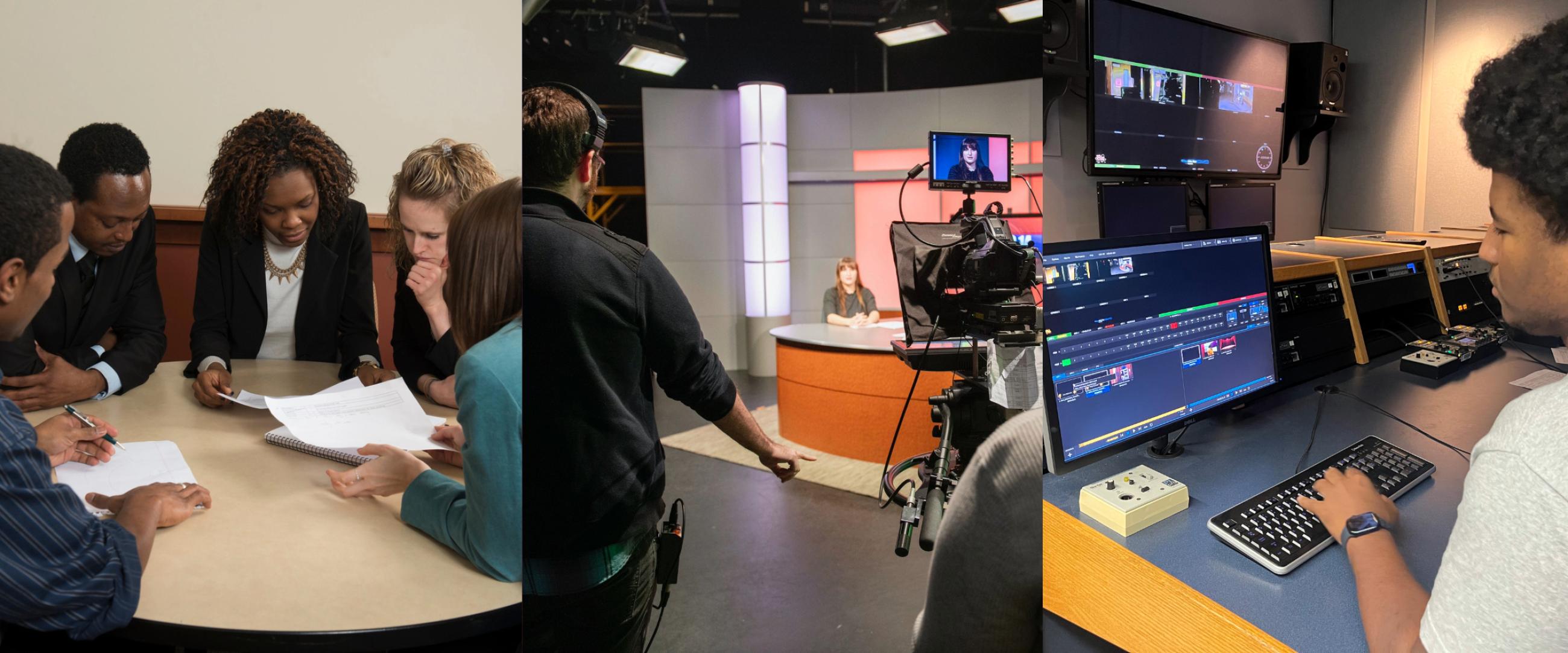 Collage of a group of people, TV studio, and video editor