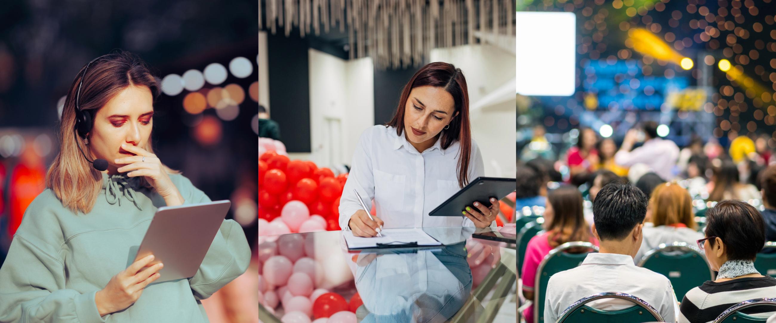 Collage of event managers planning their events and a conference