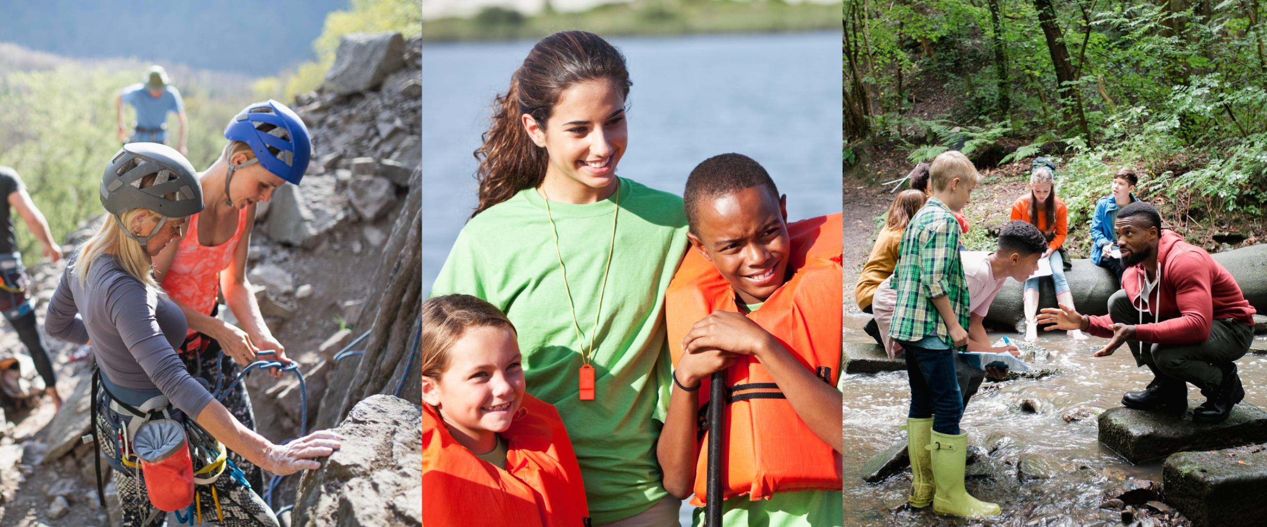 Collage with rock climbers, children, and outdoor guide