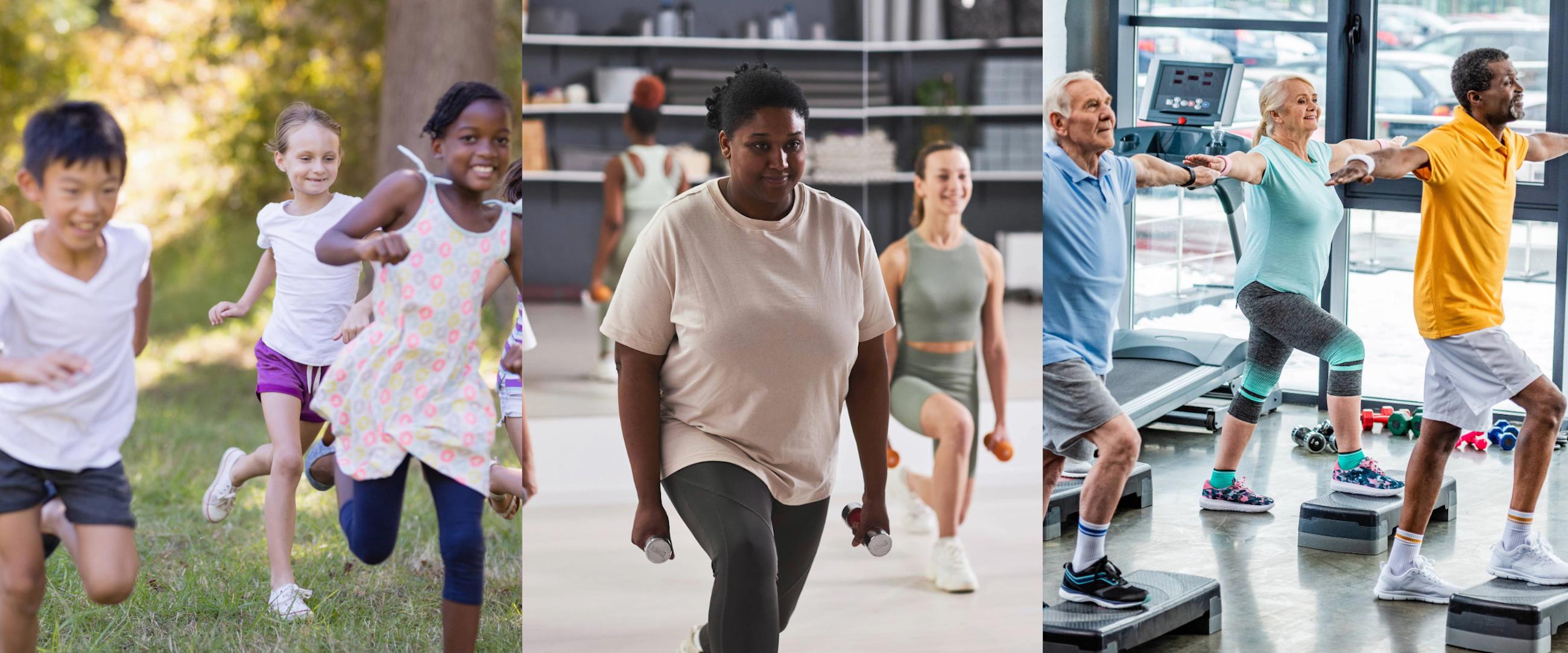 Collage of children and adults exercising