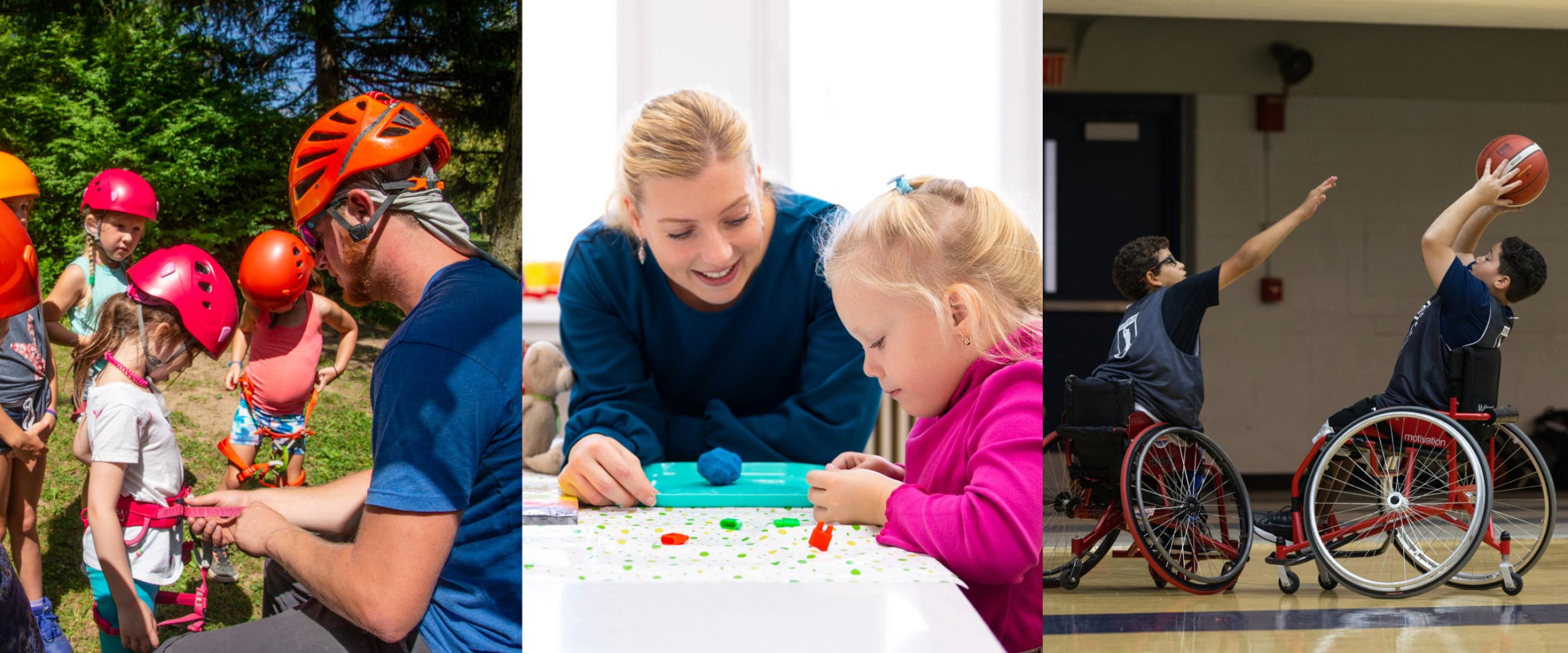 Collage of adults working with children and a youth wheelchair basketball game