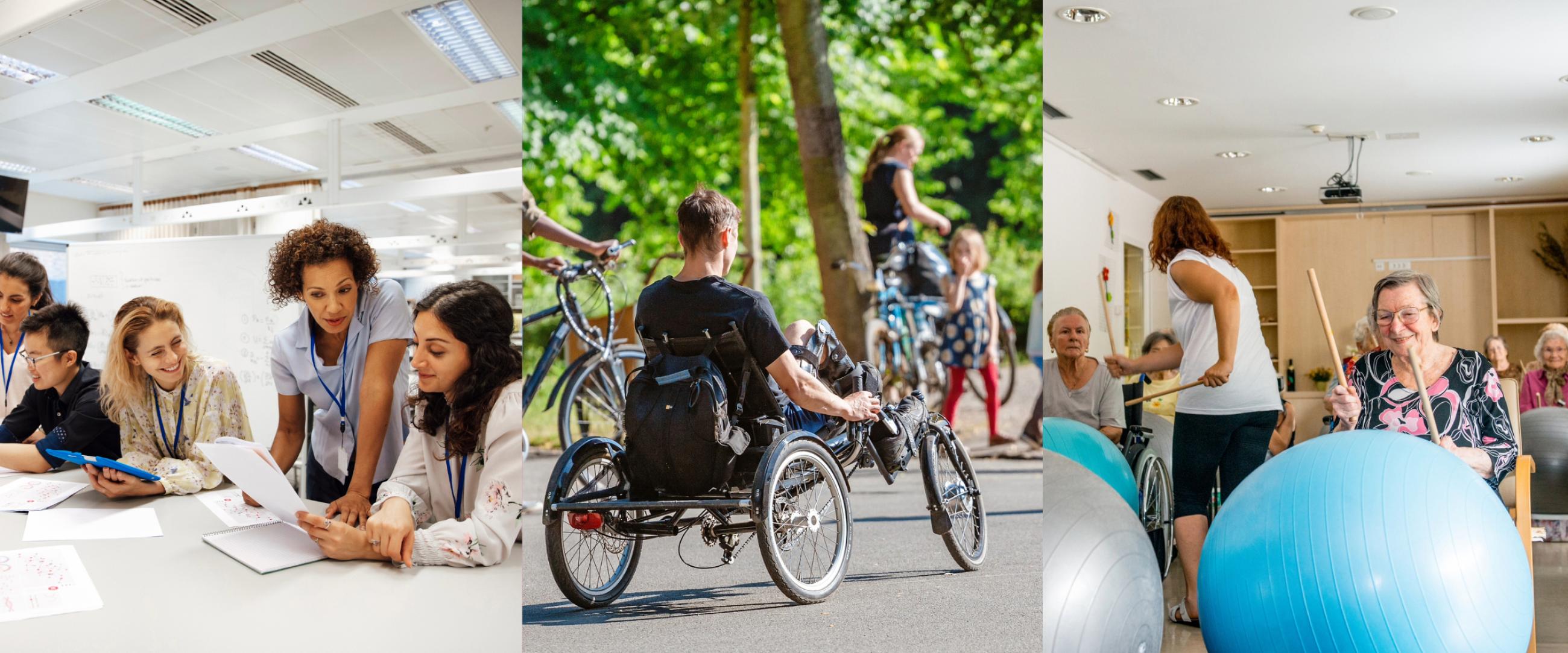 Collage with staff conversing at a desk, a disabled man using a handbike bicycle, seniors in a group therapy session