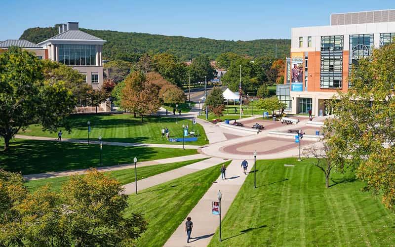 a shot of the Academic Quad, with Buley Library on the right and Adanti Student Center on the left