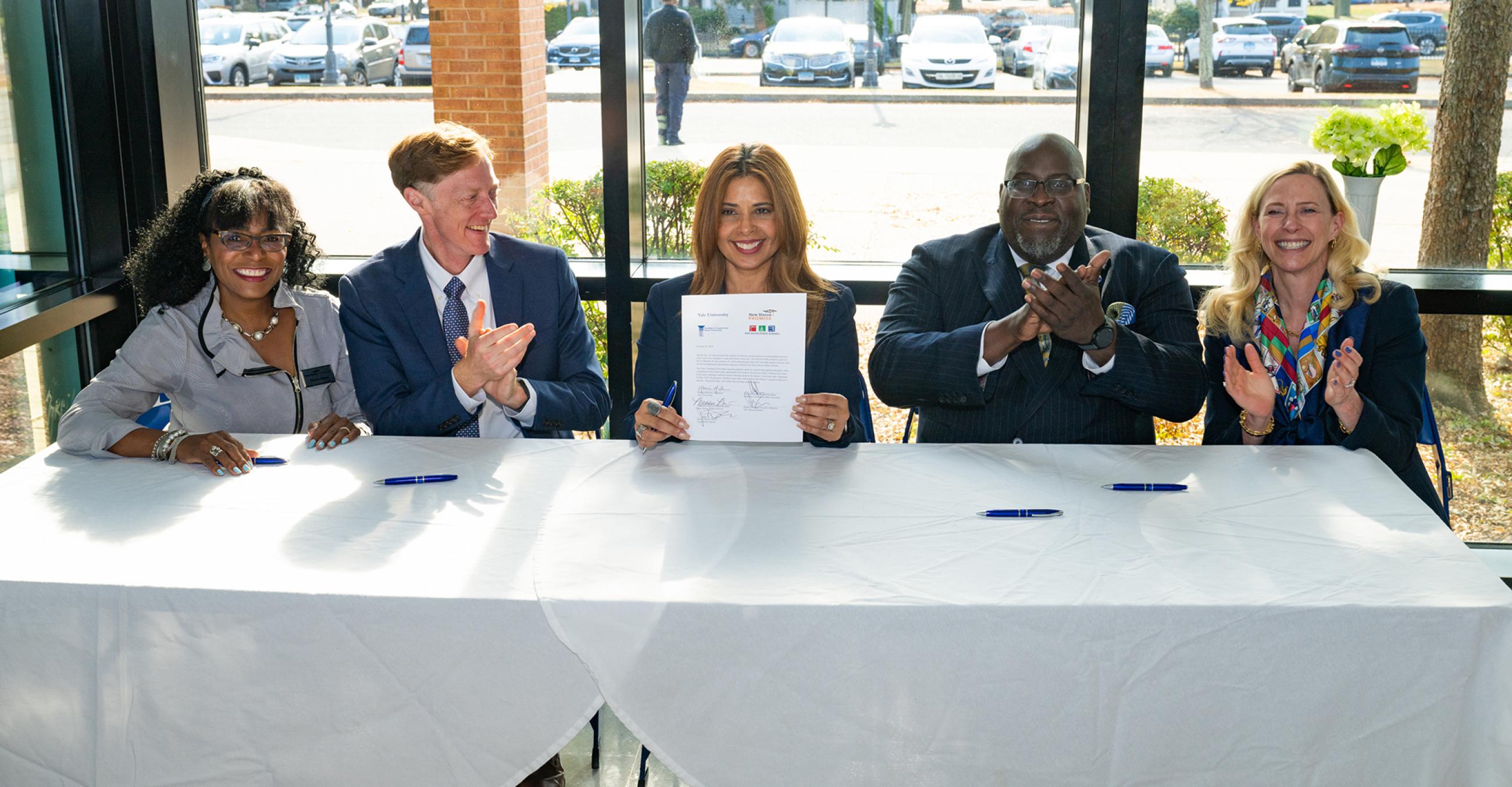 Left to right: New Haven Promise President Patricia Melton, New Haven Mayor Justin Elicker, New Haven Public Schools Superintendent Madeline Negrón, SCSU Interim President Dwayne Smith, and Yale University President Maurie McInnis