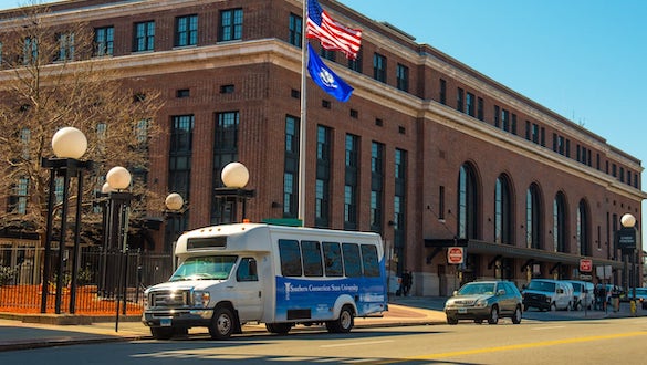 Shuttle bus in front of the train station